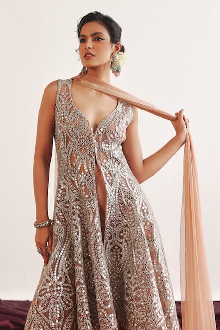 Shop_Twenty Nine_Peach Tissue Mirrors Asymmetric Blossom Embroidered Kurta _Online_at_Aza_Fashions