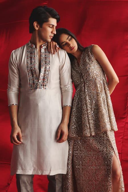 Shop_Twenty Nine_Beige Tulle Mirrors, Beads V-neck Embroidered Peplum Kurta _Online_at_Aza_Fashions