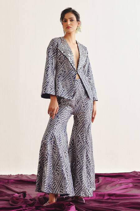 Buy Twenty Nine Blue Tissue Embroidery Sheesha Blazer Online at Aza Fashions Buy_Twenty Nine_Blue Tissue Embroidery Sheesha Blazer _Online_at_Aza_Fashions