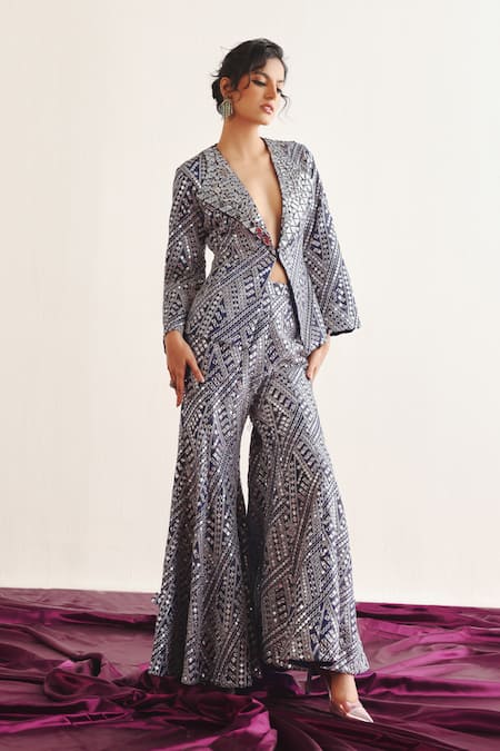 Shop Twenty Nine Blue Tissue Embroidery Sheesha Blazer Online at Aza Fashions Shop_Twenty Nine_Blue Tissue Embroidery Sheesha Blazer _Online_at_Aza_Fashions