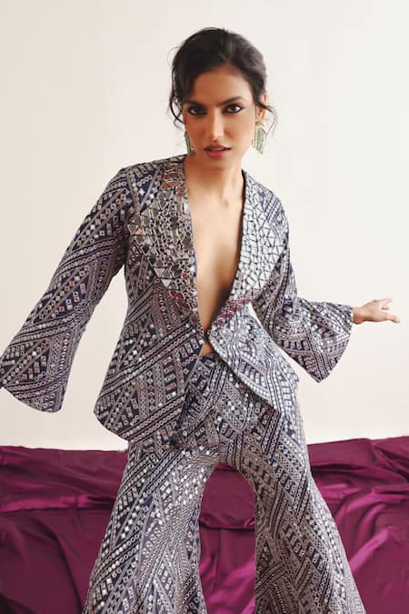 Twenty Nine Blue Tissue Embroidery Sheesha Blazer at Aza Fashions Twenty Nine_Blue Tissue Embroidery Sheesha Blazer _at_Aza_Fashions