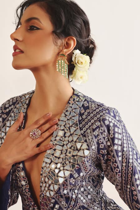 Buy Twenty Nine Blue Tissue Embroidery Sheesha Blazer Buy_Twenty Nine_Blue Tissue Embroidery Sheesha Blazer