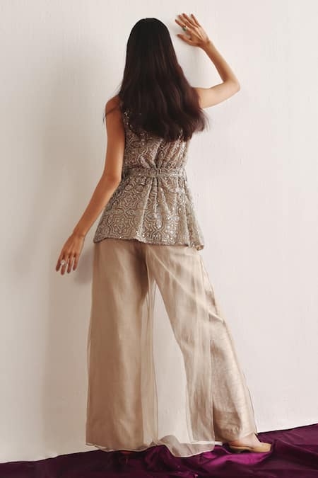 Shop Twenty Nine Beige Tulle Sequins Sheesha Embroidered Sleeveless Blazer at Aza Fashions Shop_Twenty Nine_Beige Tulle Sequins Sheesha Embroidered Sleeveless Blazer _at_Aza_Fashions