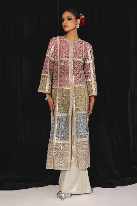 Twenty Nine_Multi Color Tulle Sequins Round Neck Panelled Embroidered Long Jacket _Online_at_Aza_Fashions
