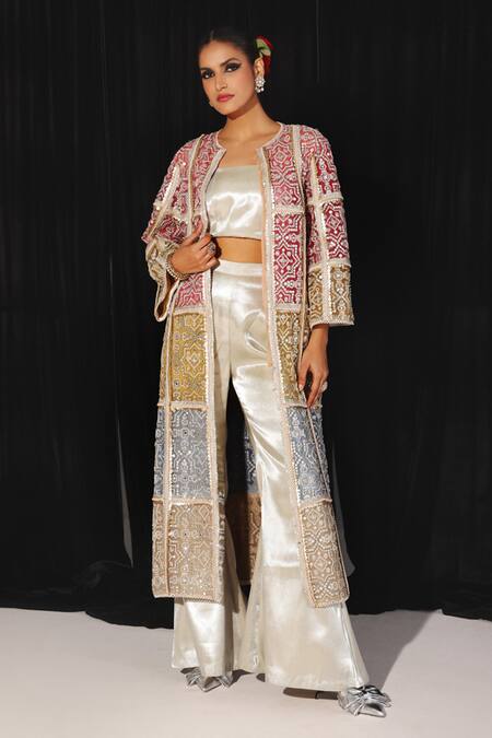 Buy_Twenty Nine_Multi Color Tulle Sequins Round Neck Panelled Embroidered Long Jacket _Online_at_Aza_Fashions