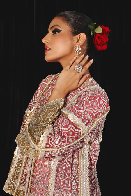Shop_Twenty Nine_Multi Color Tulle Sequins Round Neck Panelled Embroidered Long Jacket _Online_at_Aza_Fashions