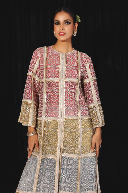 Twenty Nine_Multi Color Tulle Sequins Round Neck Panelled Embroidered Long Jacket _at_Aza_Fashions