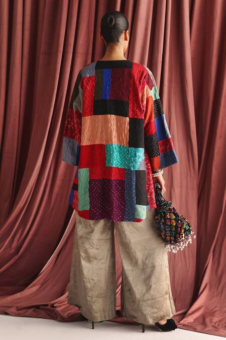 Shop_Twenty Nine_Multi Color Cotton Embroidery Round Neck Patch Long Jacket _at_Aza_Fashions