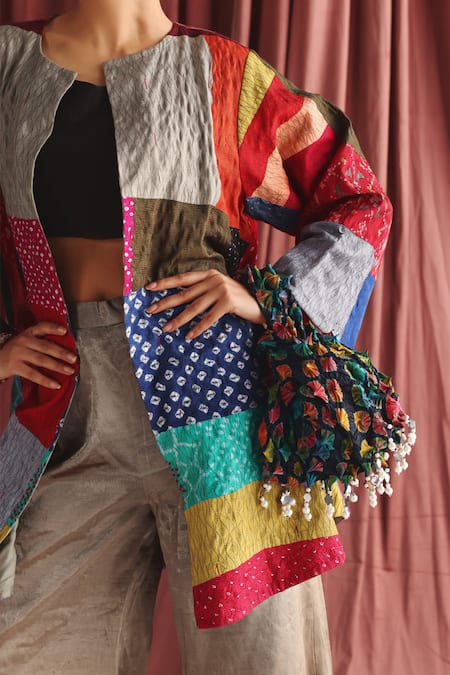 Buy_Twenty Nine_Multi Color Cotton Embroidery Round Neck Patch Long Jacket _Online_at_Aza_Fashions