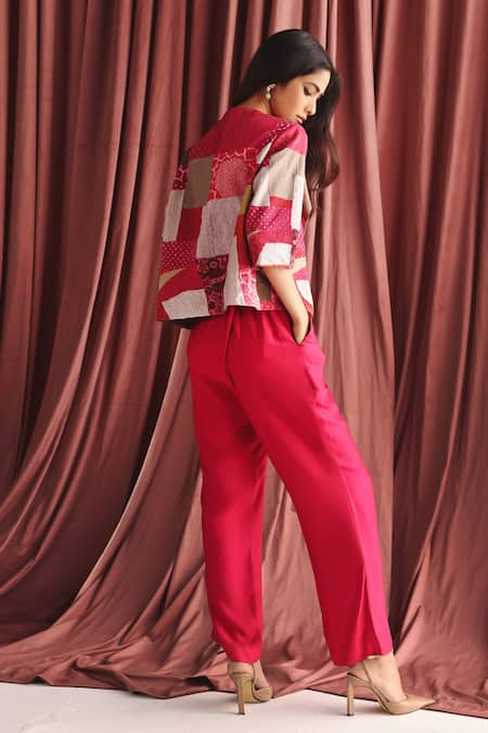 Shop Twenty Nine Red Cotton Round Neck Bandhani And Patola Patchwork Jacket at Aza Fashions Shop_Twenty Nine_Red Cotton Round Neck Bandhani And Patola Patchwork Jacket _at_Aza_Fashions
