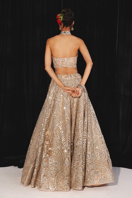 Shop Twenty Nine Peach Tissue Mirrors Halter Neck Jaal Embroidered Blouse at Aza Fashions Shop_Twenty Nine_Peach Tissue Mirrors Halter Neck Jaal Embroidered Blouse _at_Aza_Fashions