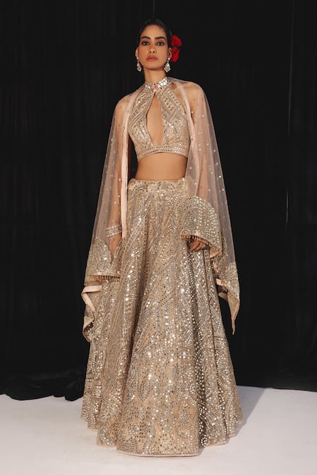 Shop Twenty Nine Peach Tissue Mirrors Halter Neck Jaal Embroidered Blouse Online at Aza Fashions Shop_Twenty Nine_Peach Tissue Mirrors Halter Neck Jaal Embroidered Blouse _Online_at_Aza_Fashions