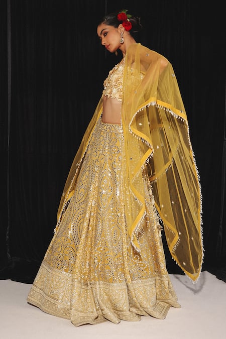 Shop Twenty Nine Gold Chanderi Embroidery Sweetheart Neck 3d Petal Bloom Blouse Online at Aza Fashions Shop_Twenty Nine_Gold Chanderi Embroidery Sweetheart Neck 3d Petal Bloom Blouse _Online_at_Aza_Fashions