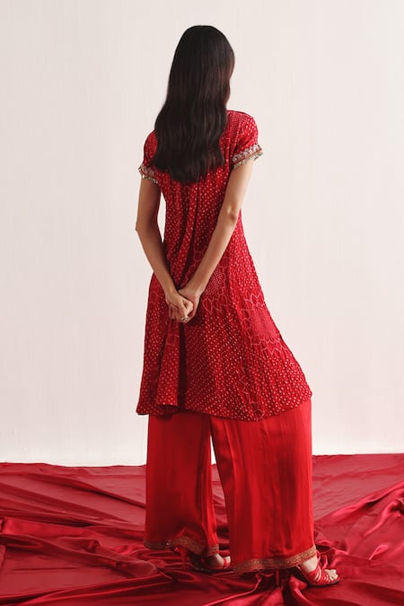 Shop Twenty Nine Red Embroidery Round Neck Bandhani Tie Dye Kurta at Aza Fashions Shop_Twenty Nine_Red Embroidery Round Neck Bandhani Tie Dye Kurta _at_Aza_Fashions
