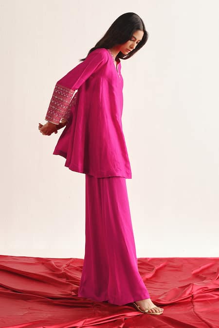 Buy Twenty Nine Pink Silk Embroidery V-neck Marodi Kurta Online at Aza Fashions Buy_Twenty Nine_Pink Silk Embroidery V-neck Marodi Kurta _Online_at_Aza_Fashions