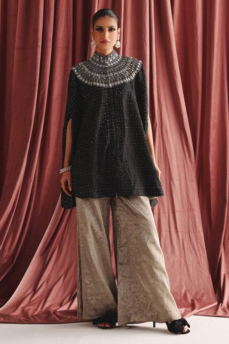 Shop Twenty Nine Black Marodi Embroidered Silk Cape Online at Aza Fashions Shop_Twenty Nine_Black Marodi Embroidered Silk Cape _Online_at_Aza_Fashions