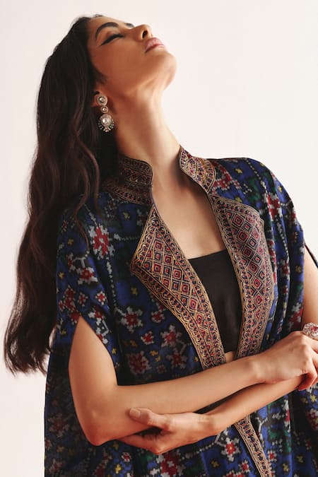 Shop Twenty Nine Blue Patola And Marodi Embroidered Cape Online at Aza Fashions Shop_Twenty Nine_Blue Patola And Marodi Embroidered Cape _Online_at_Aza_Fashions