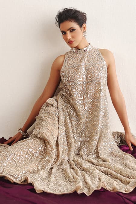 Shop_Twenty Nine_Beige Tulle Mirrors, Beads Halter Neck Gul Embroidered High Slit Kurta _Online_at_Aza_Fashions