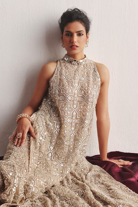 Twenty Nine_Beige Tulle Mirrors, Beads Halter Neck Gul Embroidered High Slit Kurta _at_Aza_Fashions
