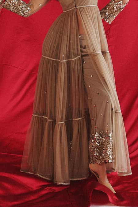 Twenty Nine Beige Net Mirrors V-neck Embroidered Anarkali Jacket Online at Aza Fashions Twenty Nine_Beige Net Mirrors V-neck Embroidered Anarkali Jacket _Online_at_Aza_Fashions