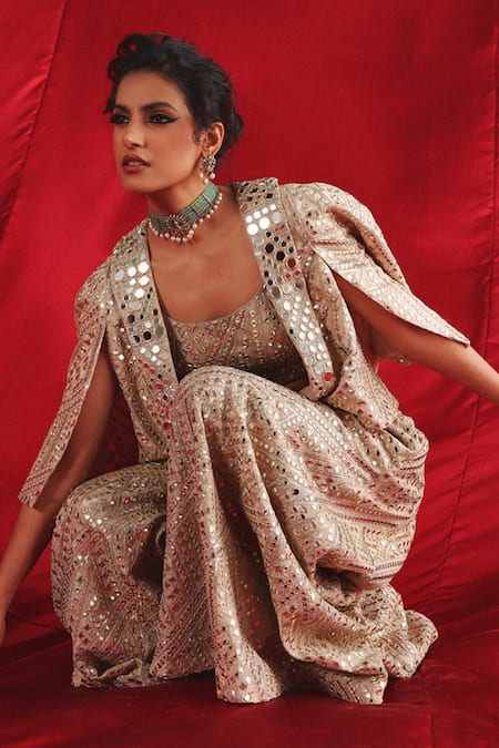 Twenty Nine Beige Tissue Mirrors Collared Embroidered Short Jacket Online at Aza Fashions Twenty Nine_Beige Tissue Mirrors Collared Embroidered Short Jacket _Online_at_Aza_Fashions