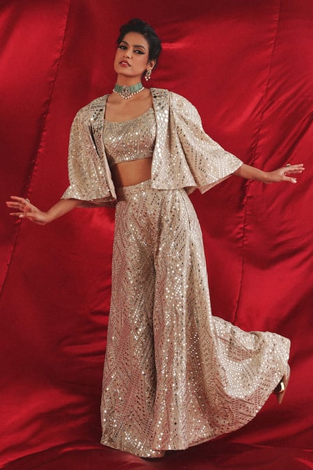 Buy Twenty Nine Beige Tissue Mirrors Collared Embroidered Short Jacket Online at Aza Fashions Buy_Twenty Nine_Beige Tissue Mirrors Collared Embroidered Short Jacket _Online_at_Aza_Fashions