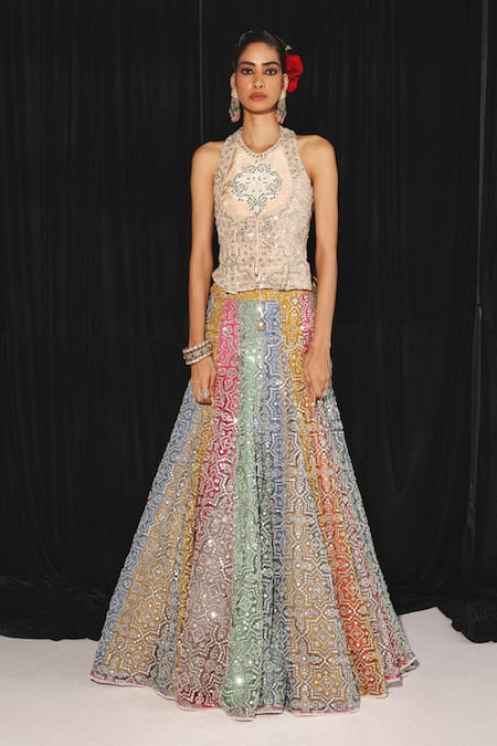 Twenty Nine Peach Tissue Mirrors, Beads Halter Neck Bloom Embroidered Peplum Blouse Online at Aza Fashions Twenty Nine_Peach Tissue Mirrors, Beads Halter Neck Bloom Embroidered Peplum Blouse _Online_at_Aza_Fashions