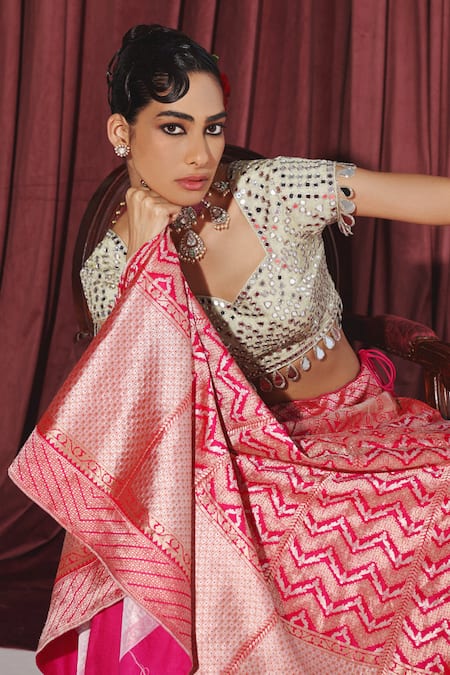 Twenty Nine_Green Tissue Tassels Sweetheart Neck Mirror Embroidered Sea Blouse _at_Aza_Fashions