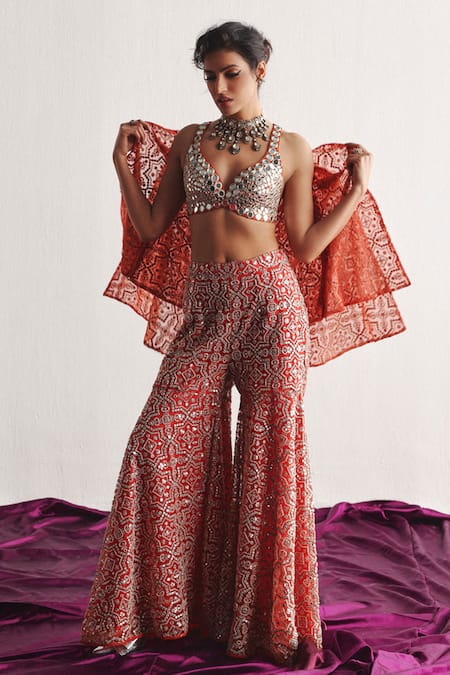 Twenty Nine_Red Tissue Mirrors Circlet Embroidered Bralette _Online_at_Aza_Fashions