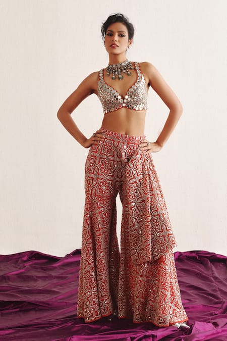 Buy_Twenty Nine_Red Tissue Mirrors Circlet Embroidered Bralette _Online_at_Aza_Fashions