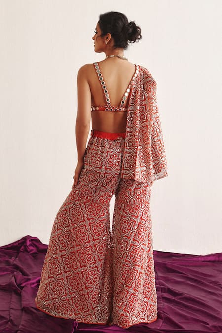 Shop_Twenty Nine_Red Tissue Mirrors Circlet Embroidered Bralette _at_Aza_Fashions