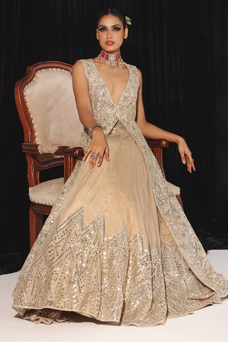 Twenty Nine_Gold Net Mirrors Plunge Neck Bahar Long Jacket _Online_at_Aza_Fashions