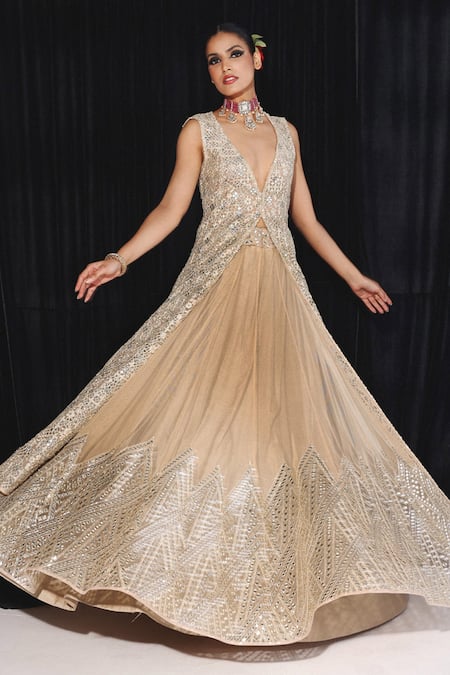 Shop_Twenty Nine_Gold Net Mirrors Plunge Neck Bahar Long Jacket _Online_at_Aza_Fashions