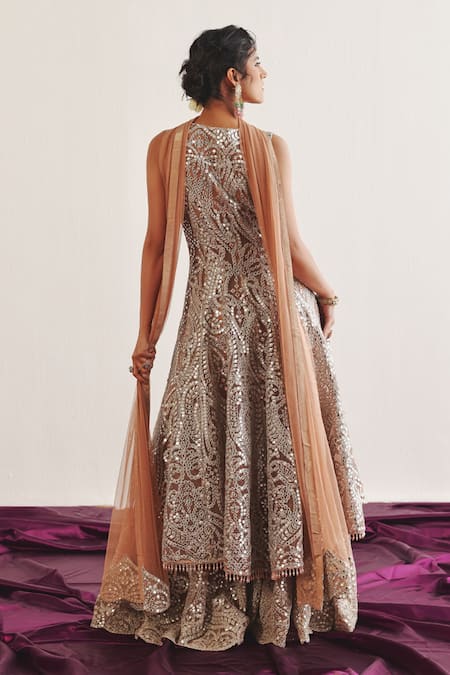 Shop_Twenty Nine_Peach Net Mirrors Spade Applique Dupatta _at_Aza_Fashions