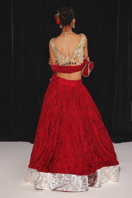 Shop_Twenty Nine_Red Silk Crushed Dupatta_at_Aza_Fashions