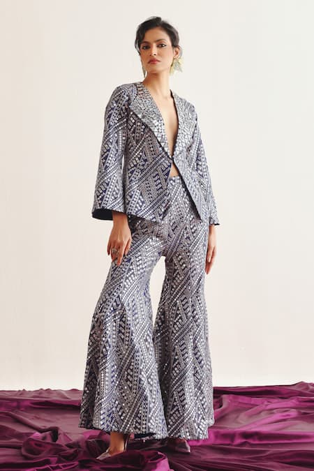 Twenty Nine Blue Tissue Geometric Mirror Embroidered Bootcut Pant Online at Aza Fashions Twenty Nine_Blue Tissue Geometric Mirror Embroidered Bootcut Pant _Online_at_Aza_Fashions