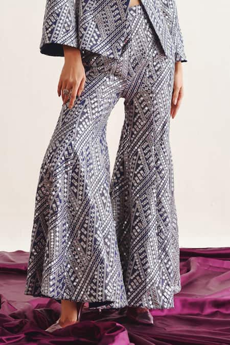 Buy Twenty Nine Blue Tissue Geometric Mirror Embroidered Bootcut Pant Online at Aza Fashions Buy_Twenty Nine_Blue Tissue Geometric Mirror Embroidered Bootcut Pant _Online_at_Aza_Fashions