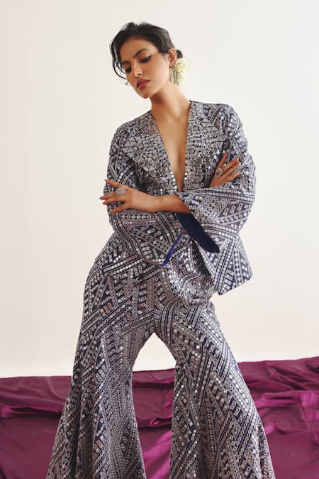 Shop Twenty Nine Blue Tissue Geometric Mirror Embroidered Bootcut Pant Online at Aza Fashions Shop_Twenty Nine_Blue Tissue Geometric Mirror Embroidered Bootcut Pant _Online_at_Aza_Fashions