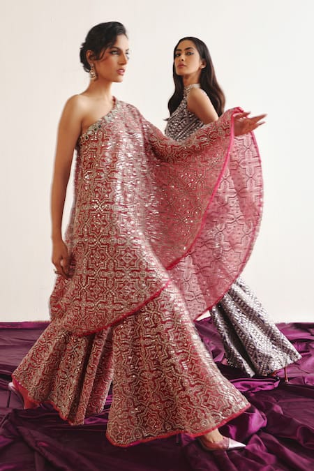 Twenty Nine_Red Tulle Embroidery Mosaic Mirror Bloom Bootcut Pant _Online_at_Aza_Fashions