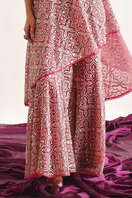 Buy_Twenty Nine_Red Tulle Embroidery Mosaic Mirror Bloom Bootcut Pant _Online_at_Aza_Fashions