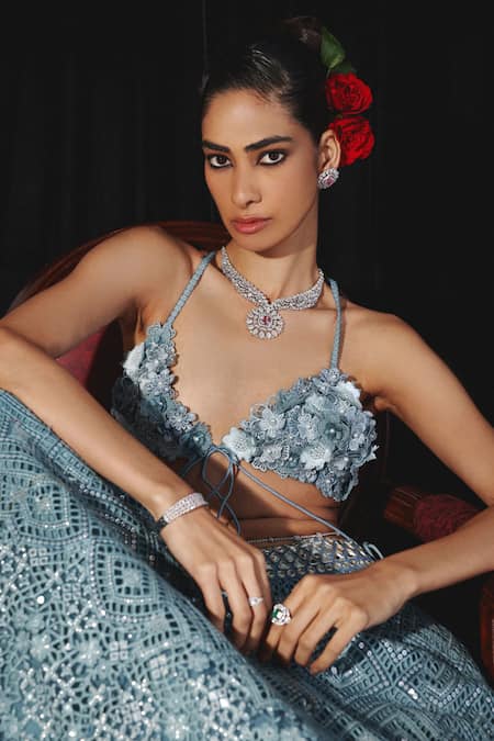 Buy Twenty Nine Blue Net Mirrors Jaal Embroidered Lehenga Online at Aza Fashions Buy_Twenty Nine_Blue Net Mirrors Jaal Embroidered Lehenga _Online_at_Aza_Fashions