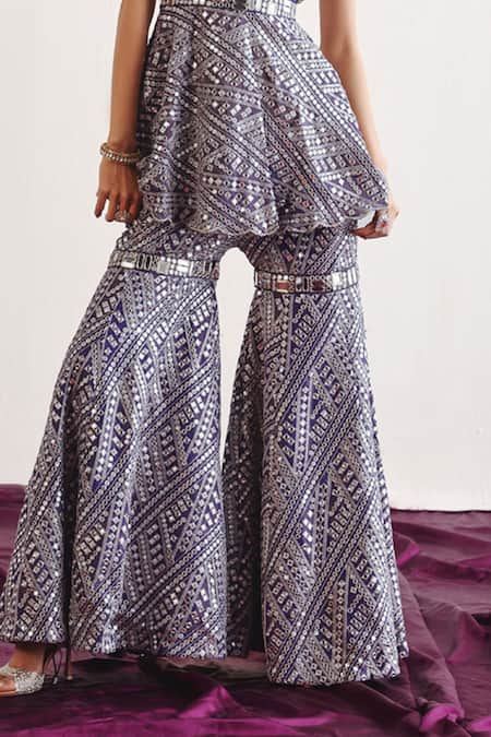 Twenty Nine_Gray Tissue Mirrors Mosaic Work Sharara _Online_at_Aza_Fashions