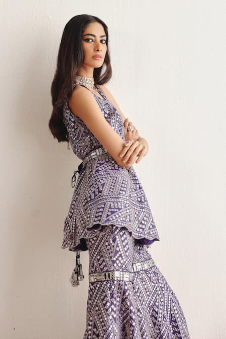 Buy_Twenty Nine_Gray Tissue Mirrors Mosaic Work Sharara _Online_at_Aza_Fashions