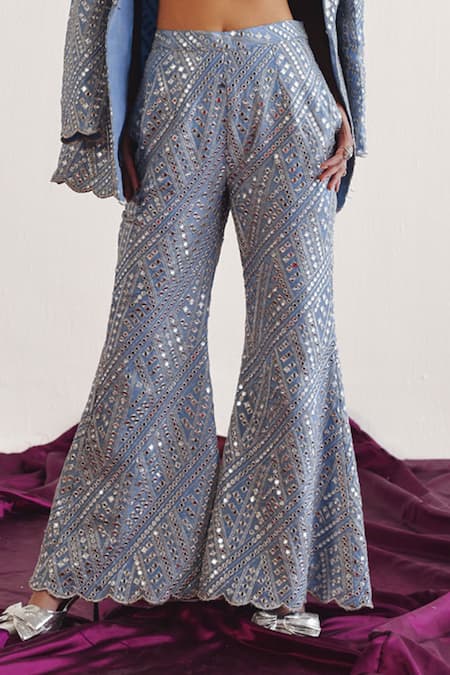 Twenty Nine Blue Tissue Mirrors Vine Jaal Embroidered Palazzo Online at Aza Fashions Twenty Nine_Blue Tissue Mirrors Vine Jaal Embroidered Palazzo _Online_at_Aza_Fashions