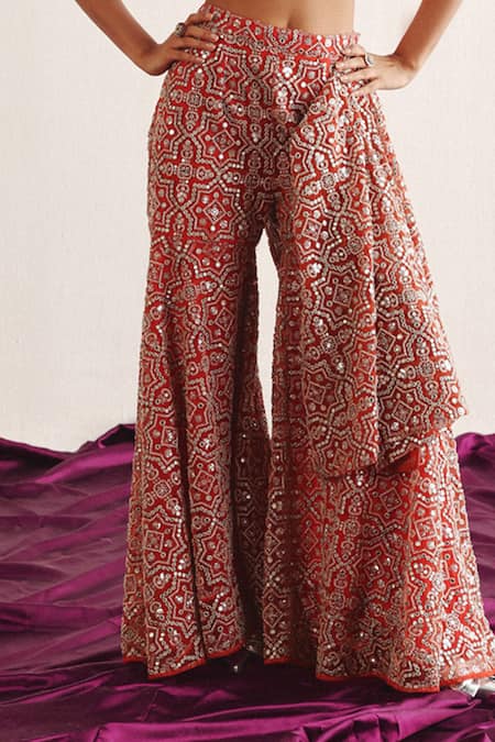 Buy Twenty Nine Red Tulle Mirrors Flared Embroidered Sharara Online at Aza Fashions Buy_Twenty Nine_Red Tulle Mirrors Flared Embroidered Sharara _Online_at_Aza_Fashions