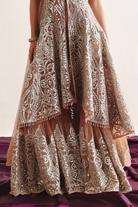 Twenty Nine_Pink Net Mirrors Dusty Applique Sharara _Online_at_Aza_Fashions