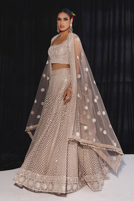 Twenty Nine_Gold Net Mirrors Embroidered Lehenga _Online_at_Aza_Fashions