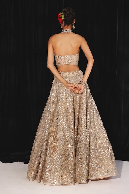 Shop Twenty Nine Peach Tissue Mirrors Embroidered Lehenga at Aza Fashions Shop_Twenty Nine_Peach Tissue Mirrors Embroidered Lehenga _at_Aza_Fashions