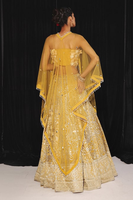 Shop Twenty Nine Yellow Tissue Mirrors Embroidered Box Pleat Lehenga at Aza Fashions Shop_Twenty Nine_Yellow Tissue Mirrors Embroidered Box Pleat Lehenga _at_Aza_Fashions