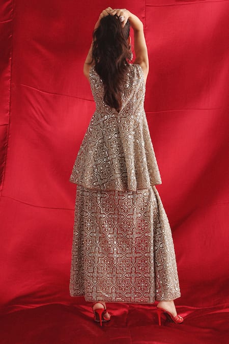 Twenty Nine Silver Tulle Mirror Embroidered Slit Skirt 